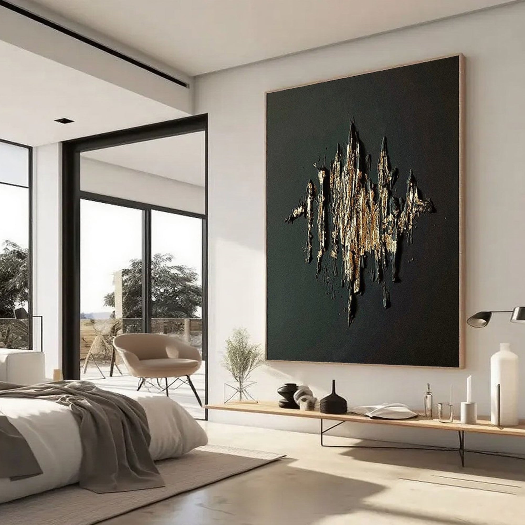 3D textured minimalist abstract wall art gold citadel on black canvas in modern bedroom Lumi Gallery