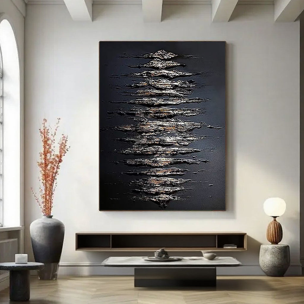 Hand-painted 3D textured black abstract canvas art 'Scale Chant' at Lumi Gallery