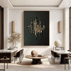 Large gold textured abstract wall art on black canvas in contemporary living room at Lumi Gallery