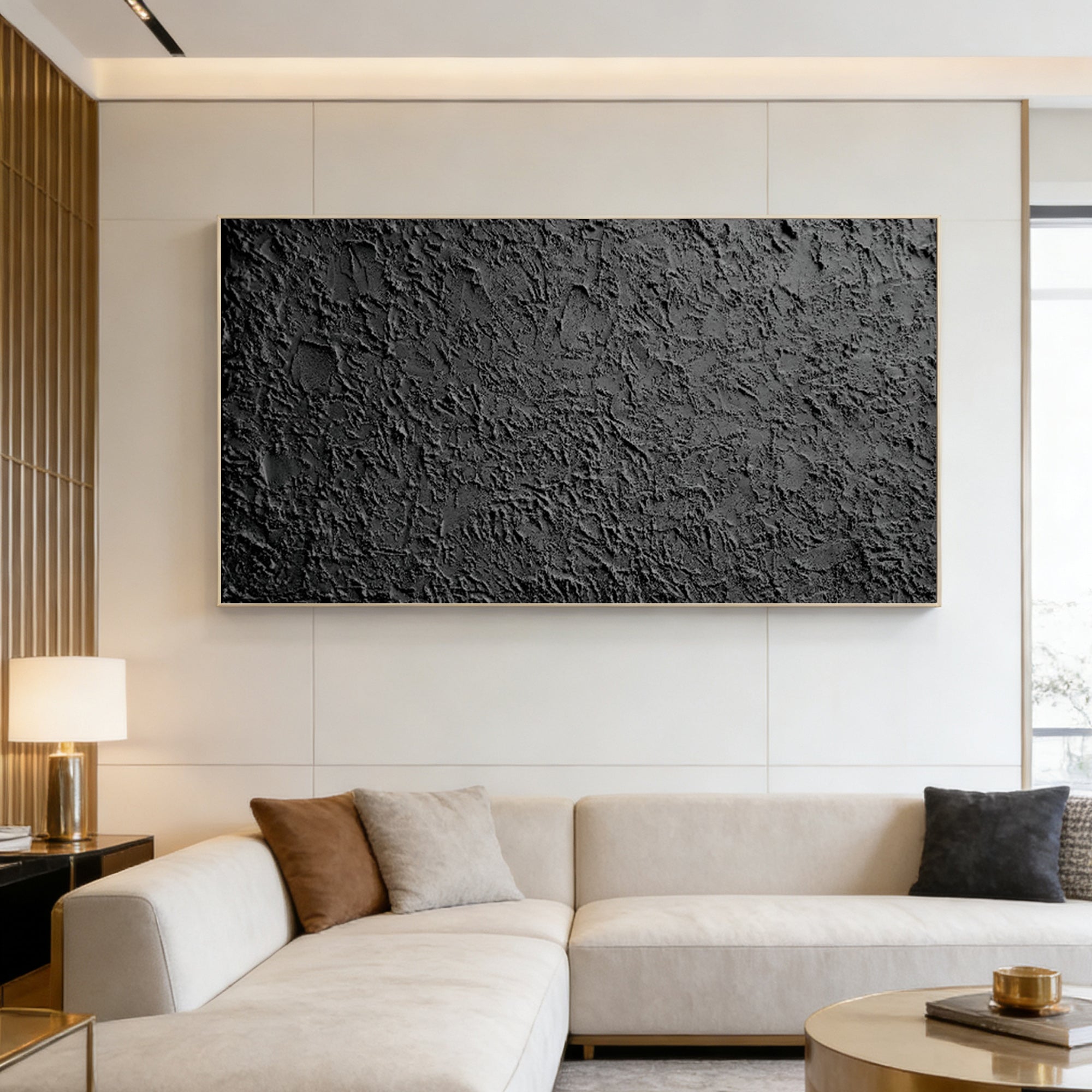 Lumi Gallery's 3D textured black abstract wall art 'Obsidian Field' in contemporary living room