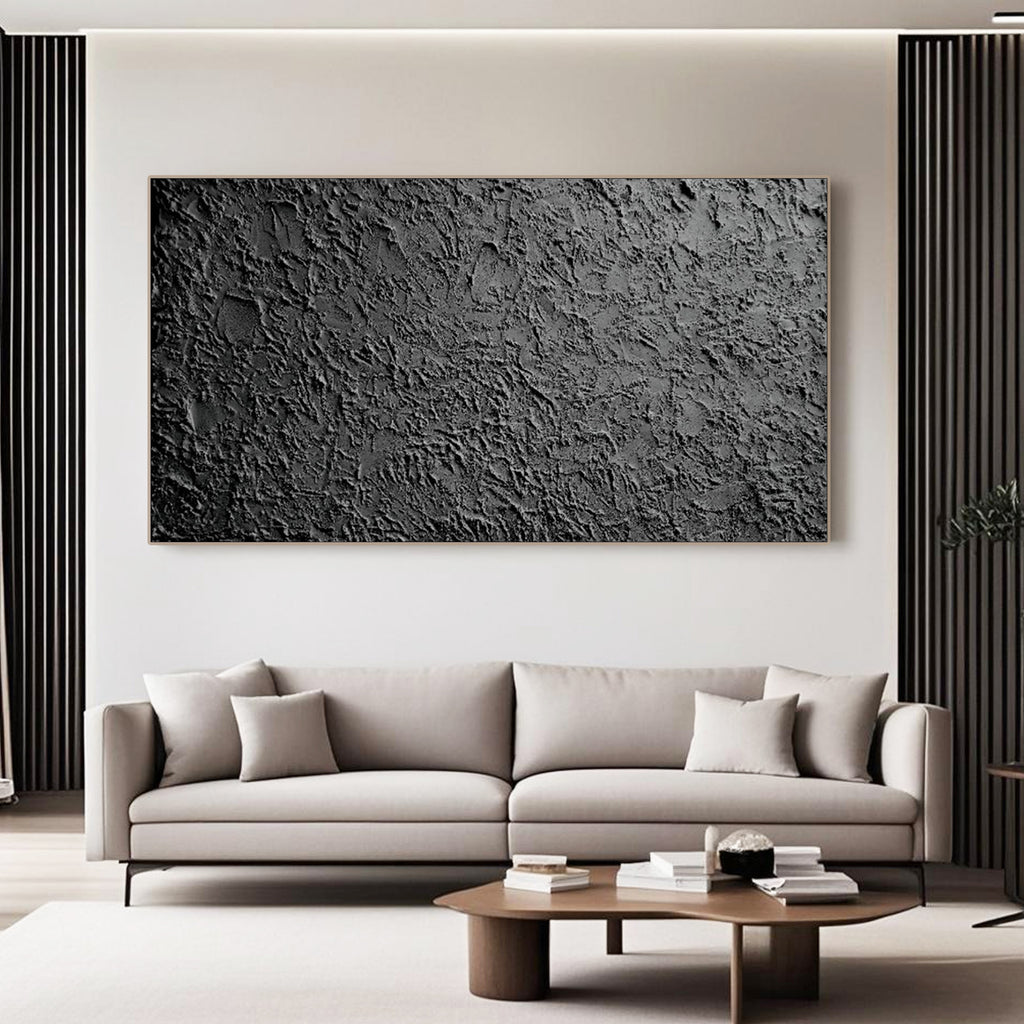 Lumi Gallery's 3D textured black abstract wall art 'Obsidian Field' in modern living room