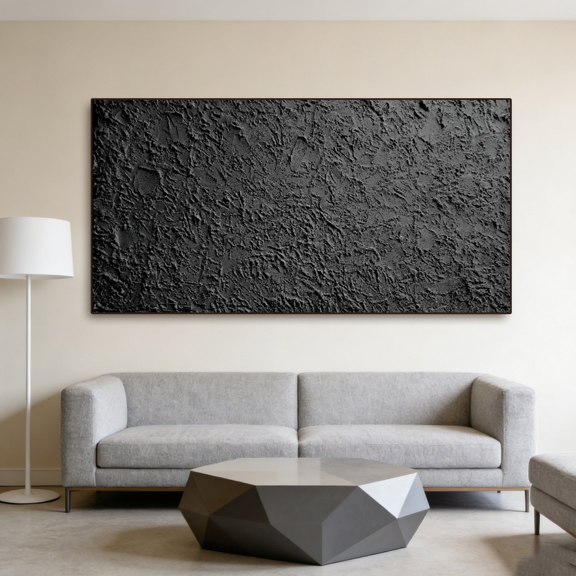 Black 3D textured abstract wall art 'Obsidian Field' in contemporary living room at Lumi Gallery