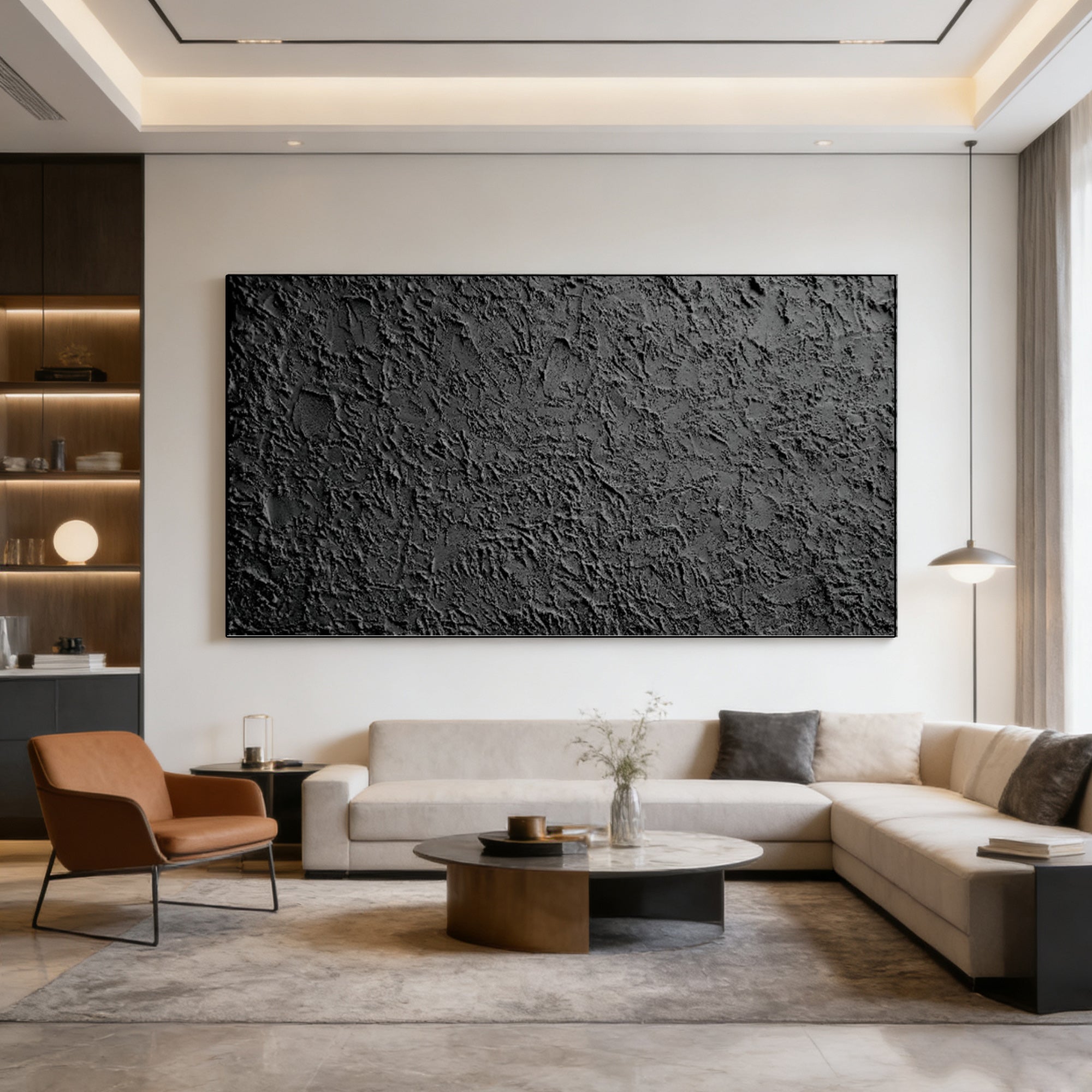 3D textured abstract black wall art 'Obsidian Field' in modern living room