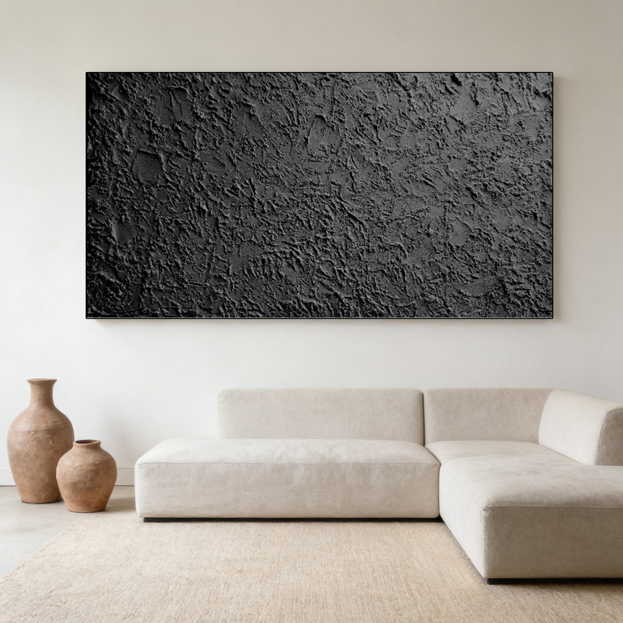 Obsidian Field 3D textured hand-painted black minimalist canvas wall art at Lumi Gallery