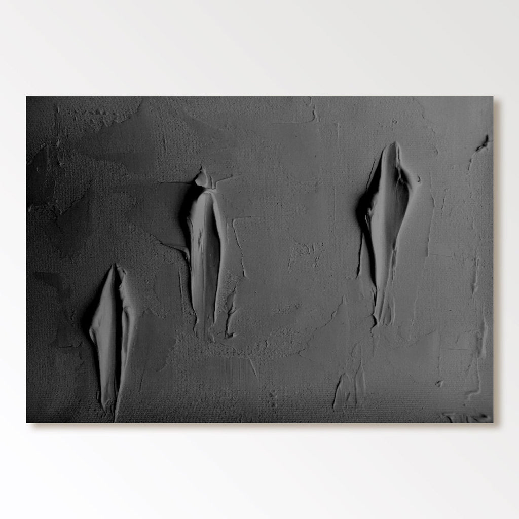 3D textured black canvas art with torn minimalist design at Lumi Gallery