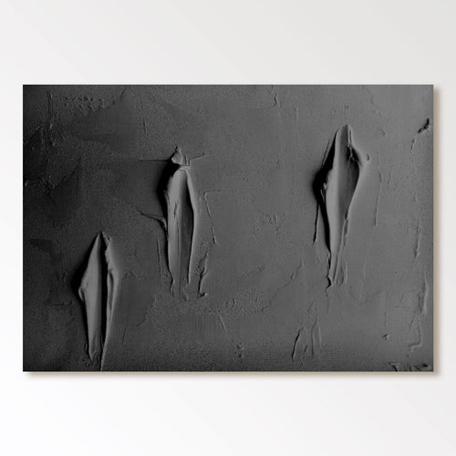 3D textured black canvas art with torn minimalist design at Lumi Gallery