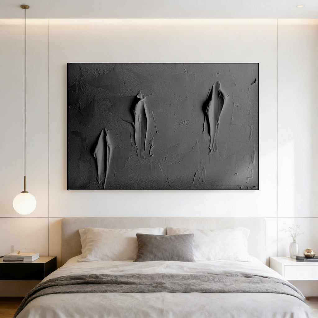 Lumi Gallery's 3D textured black abstract canvas art with torn effect in modern bedroom