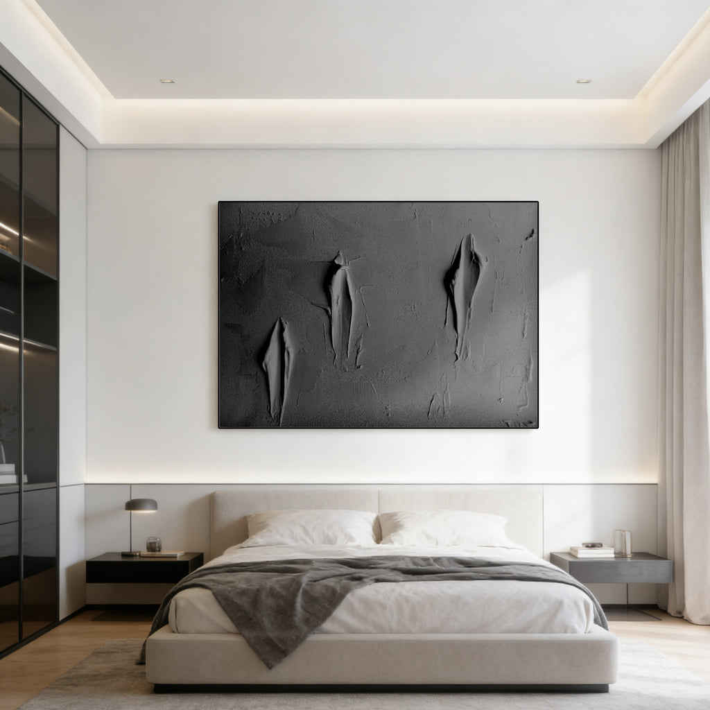 3D textured abstract minimalist black canvas art with torn effect in modern bedroom