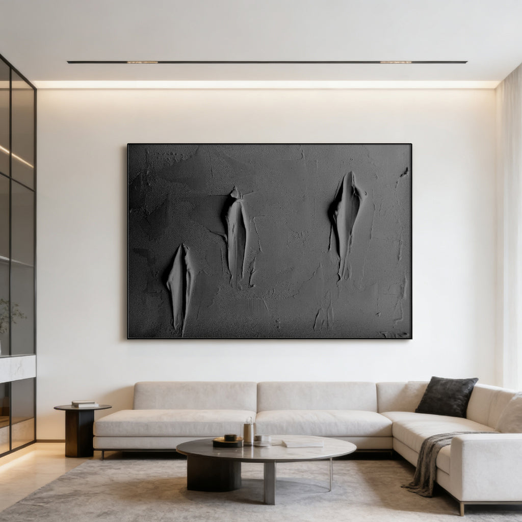 Lumi Gallery's large black 3D textured abstract minimalist canvas art with torn design in modern living room