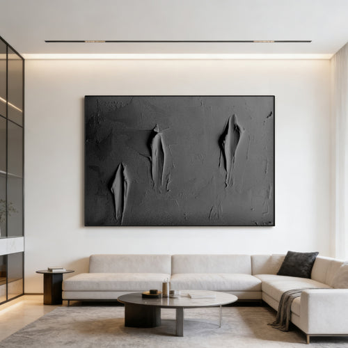 Lumi Gallery's large black 3D textured abstract minimalist canvas art with torn design in modern living room