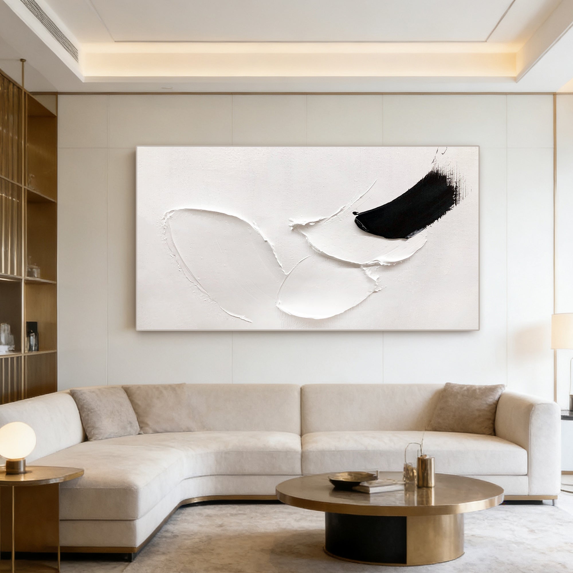 Lumi Gallery's 3D textured abstract minimalist white painting with bold black ink stroke in modern living room