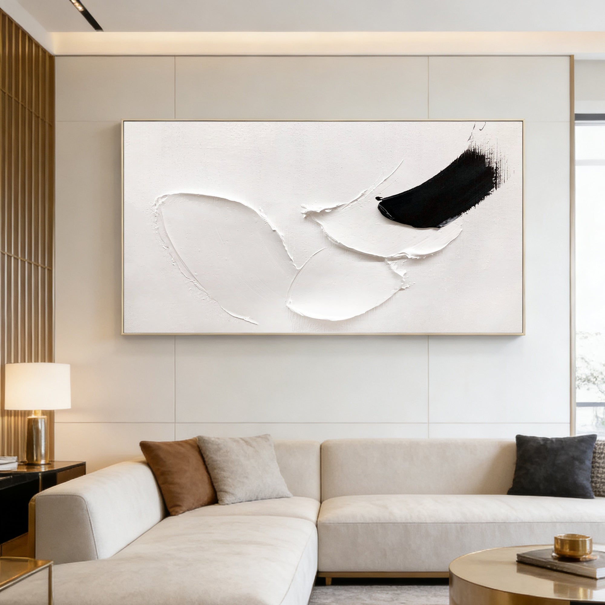 3D textured white abstract minimalist painting by Lumi Gallery in modern living room
