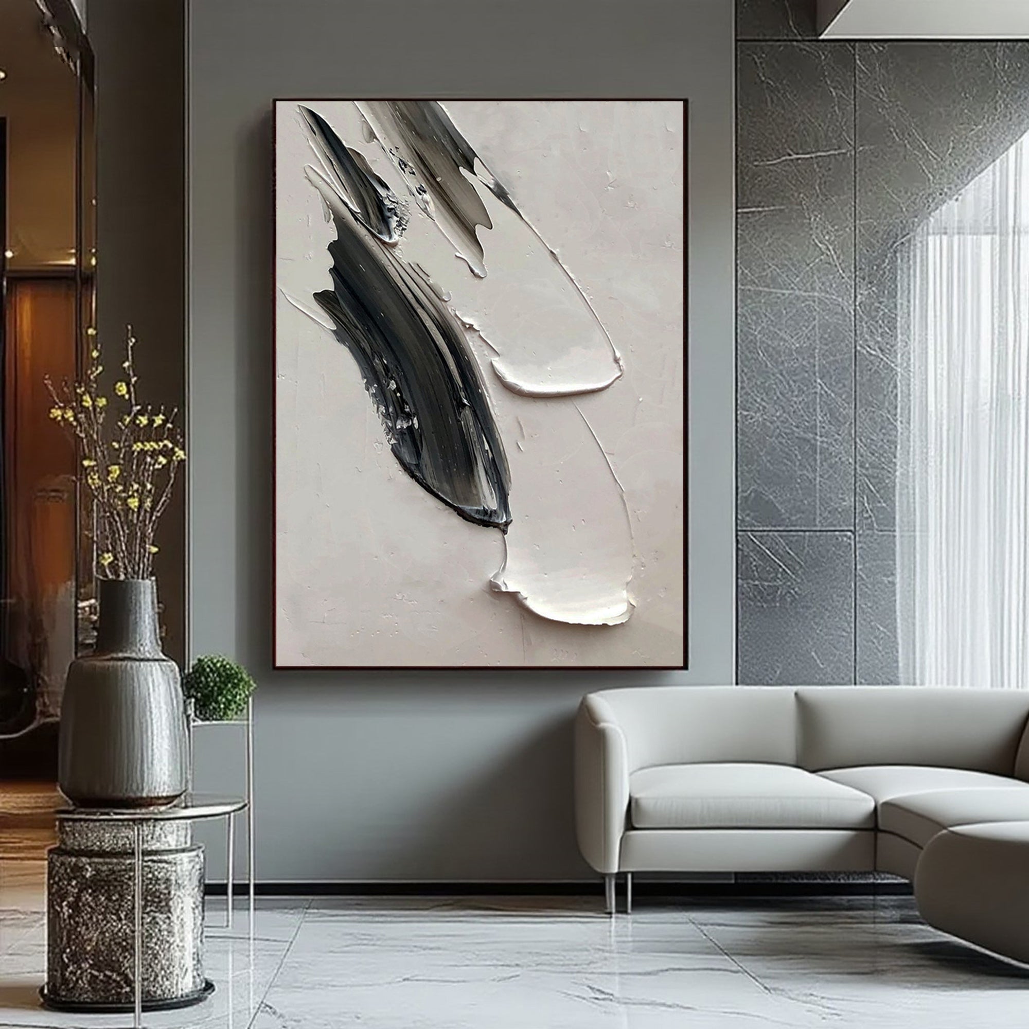 3D textured minimalist abstract canvas painting by Lumi Gallery in modern living room