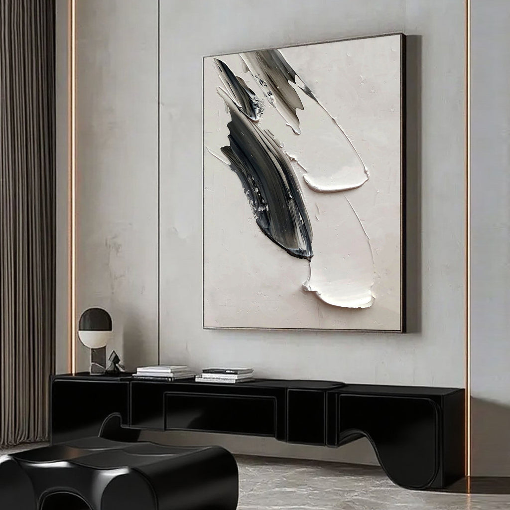 3D textured minimalist abstract 'One Gesture' black-white canvas art by Lumi Gallery