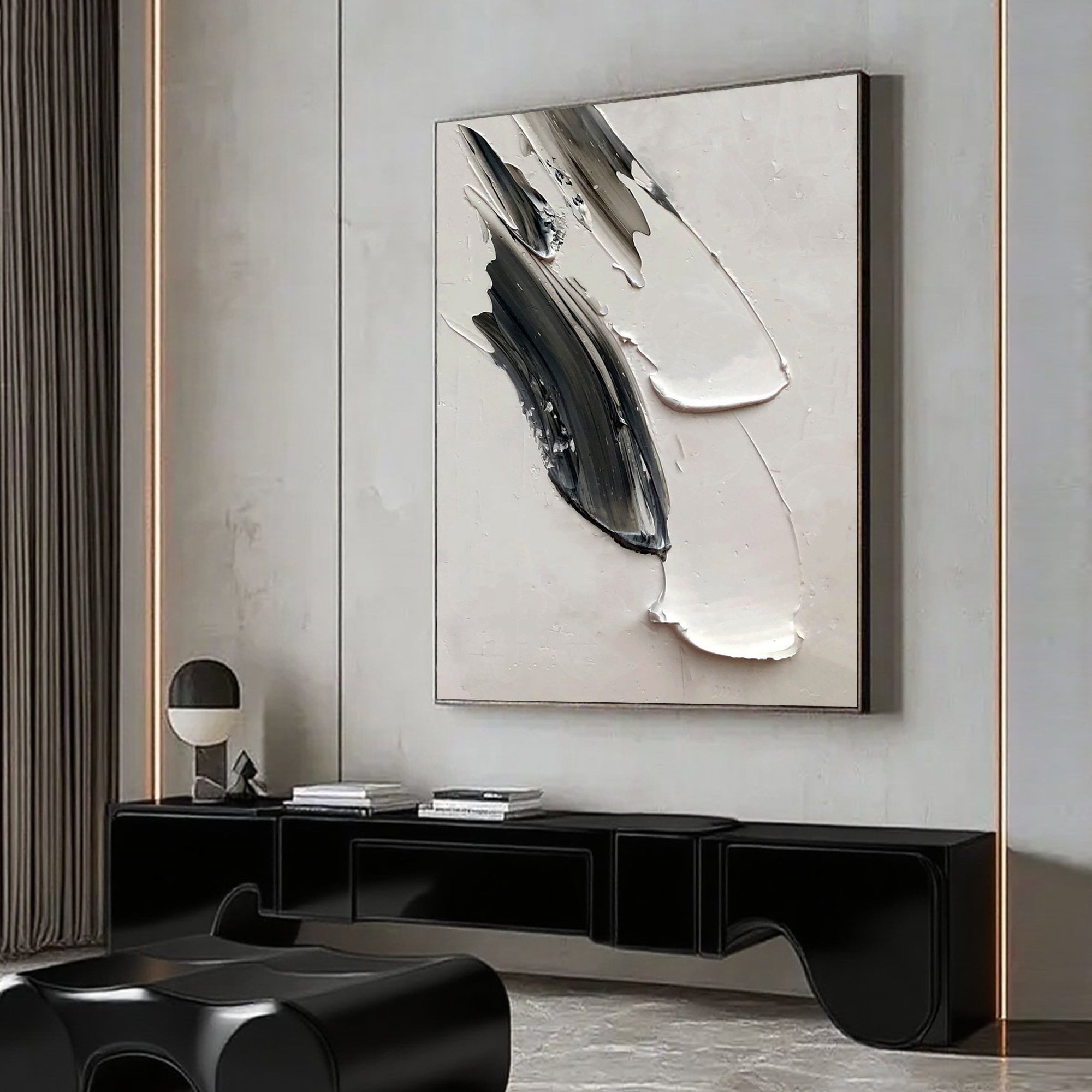 3D textured minimalist abstract 'One Gesture' black-white canvas art by Lumi Gallery