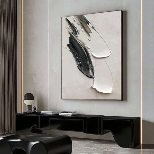 3D textured minimalist abstract 'One Gesture' black-white canvas art by Lumi Gallery