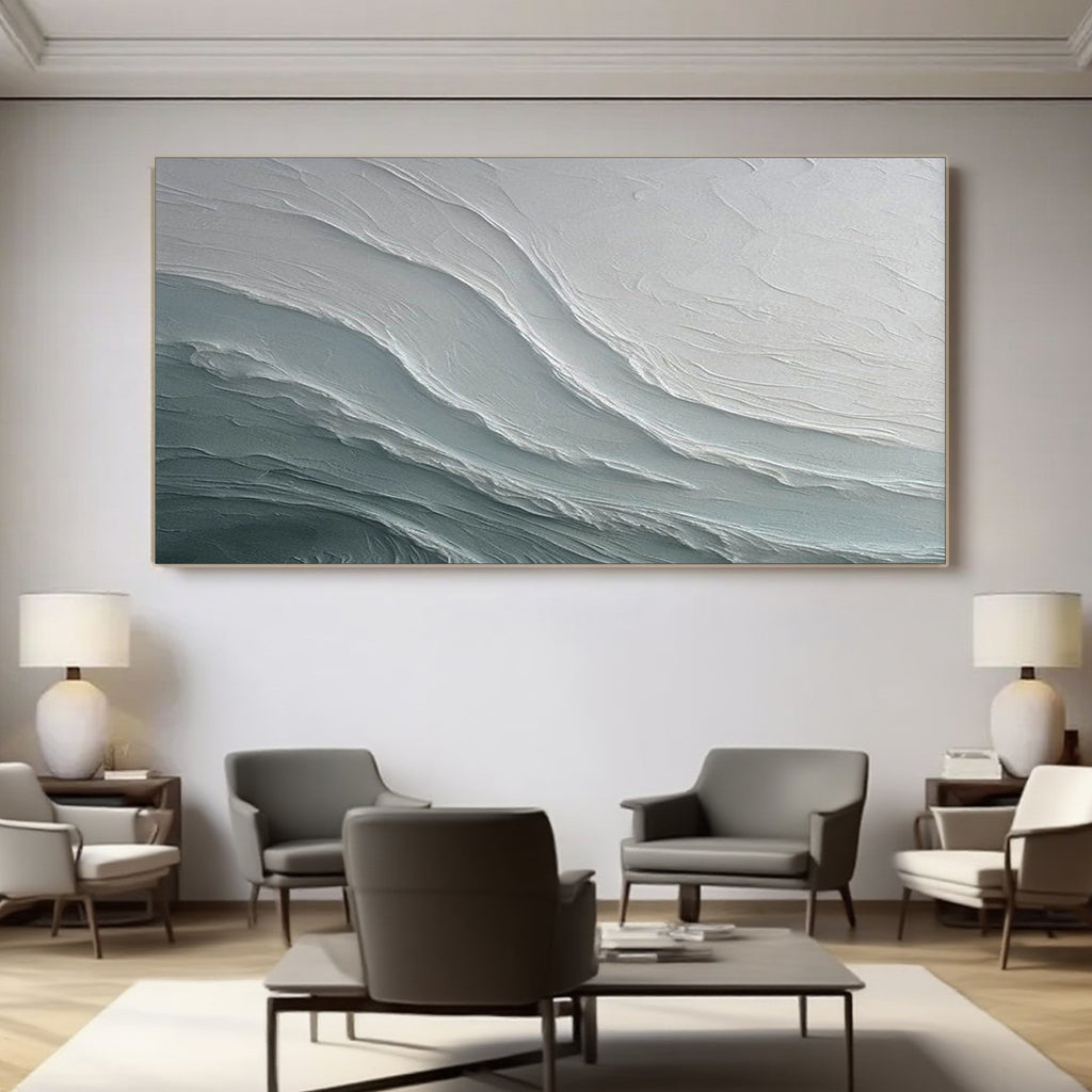 Lumi Gallery's 3D textured abstract seascape 'Glacial Drift' in gray/teal tones, modern living room decor