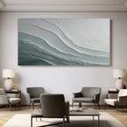 Lumi Gallery's 3D textured abstract seascape 'Glacial Drift' in gray/teal tones, modern living room decor