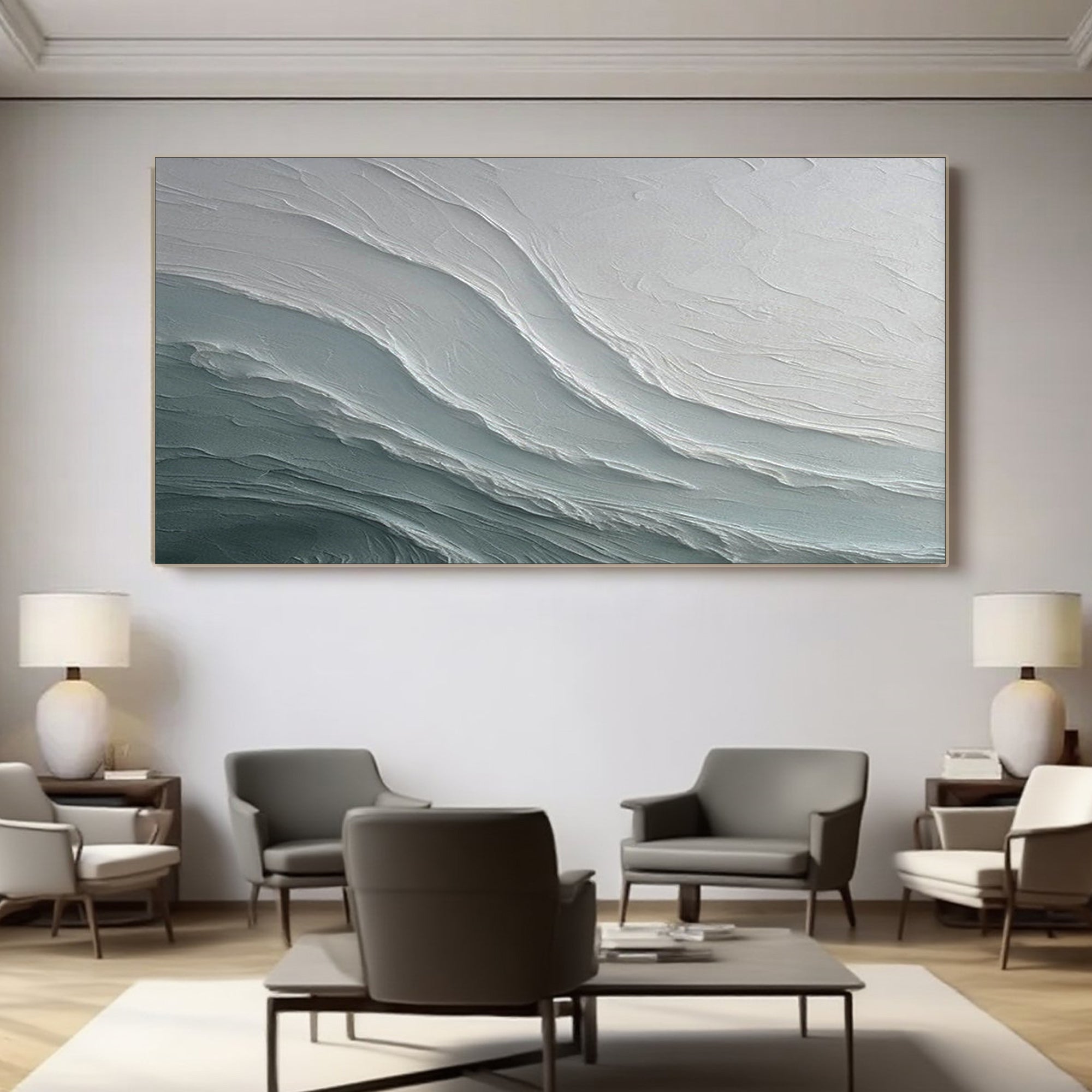 Lumi Gallery's 3D textured abstract seascape 'Glacial Drift' in gray/teal tones, modern living room decor