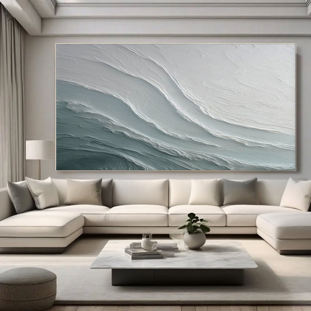 Lumi Gallery's 3D textured abstract seascape 'Glacial Drift' painting in modern living room
