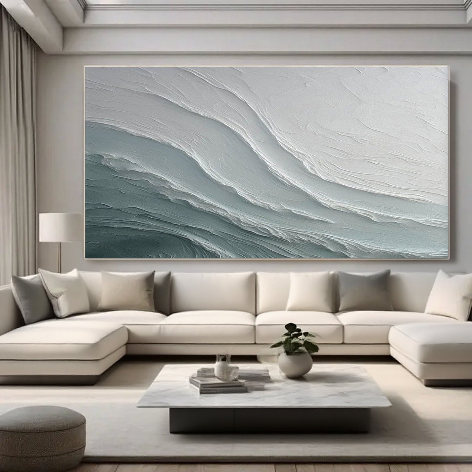 Lumi Gallery's 3D textured abstract seascape 'Glacial Drift' painting in modern living room