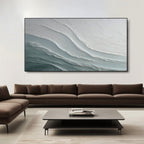 3D textured abstract seascape 'Glacial Drift' canvas by Lumi Gallery, gray teal waves, modern living room