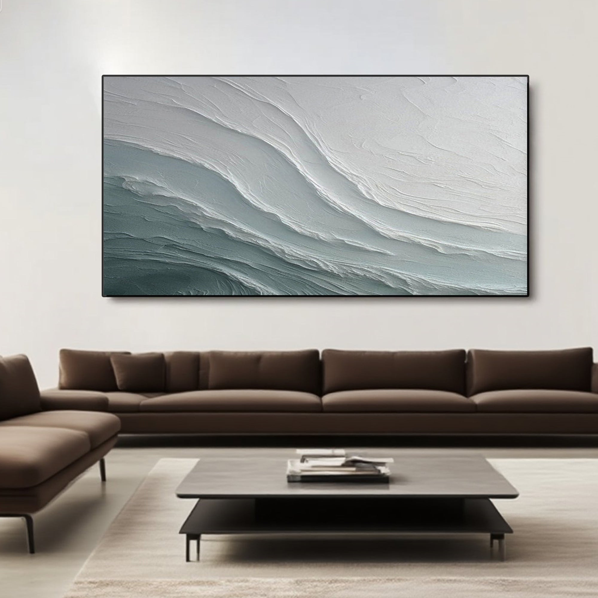 3D textured abstract seascape 'Glacial Drift' canvas by Lumi Gallery, gray teal waves, modern living room
