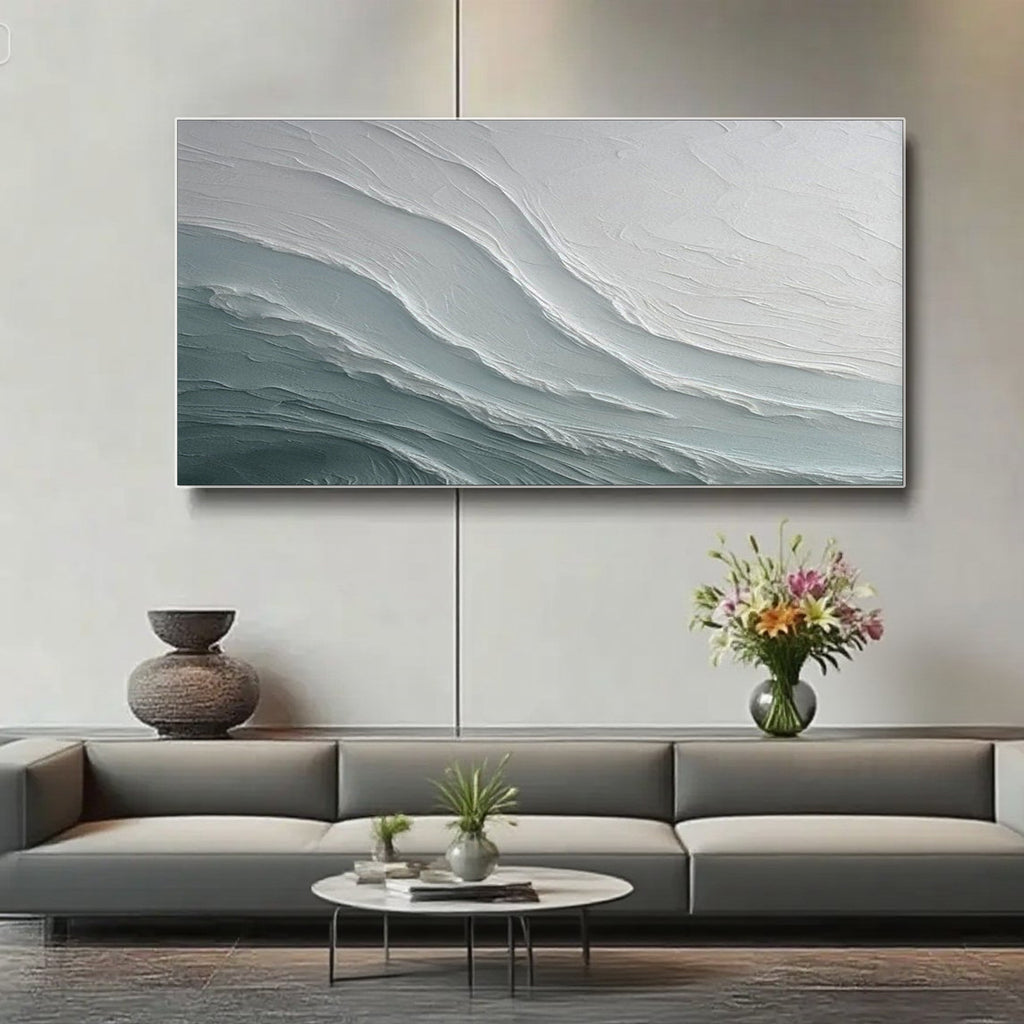 3D textured abstract seascape canvas painting 'Glacial Drift' in modern living room