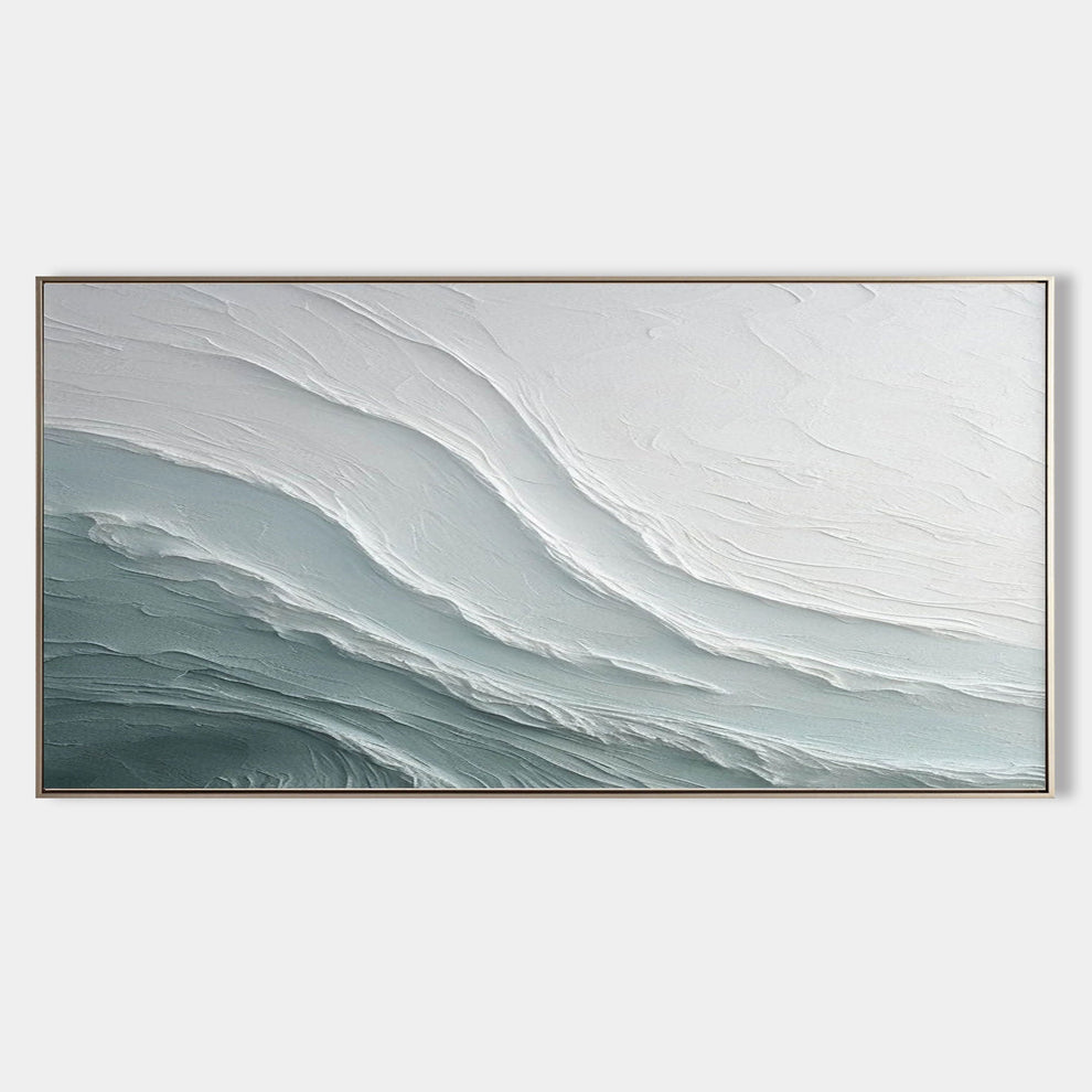Lumi Gallery's 3D textured abstract seascape 'Glacial Drift' painting with gray-blue waves, framed canvas, modern decor