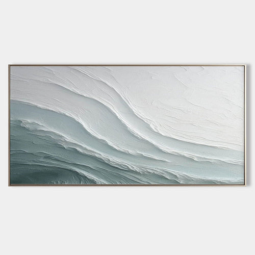 Lumi Gallery's 3D textured abstract seascape 'Glacial Drift' painting with gray-blue waves, framed canvas, modern decor