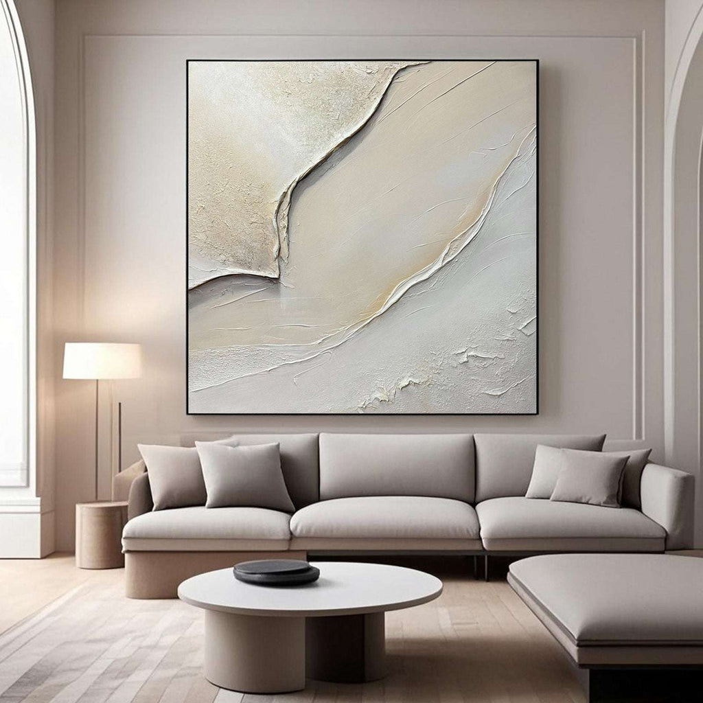 Lumi Gallery's 3D textured minimalist gold wall art Golden Hush in modern living room with neutral sofa