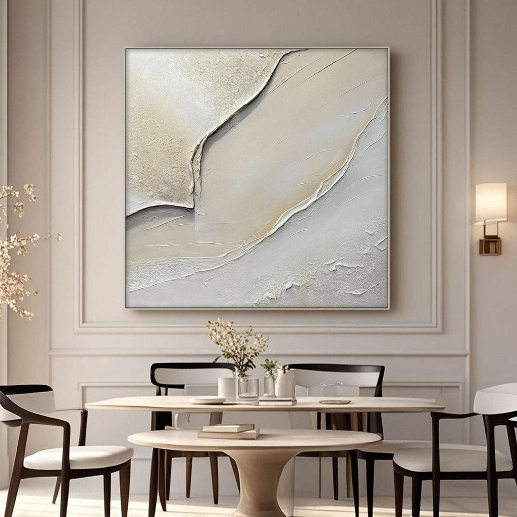 Lumi Gallery's 3D textured minimalist gold wall art Golden Hush in neutral tones, modern dining space