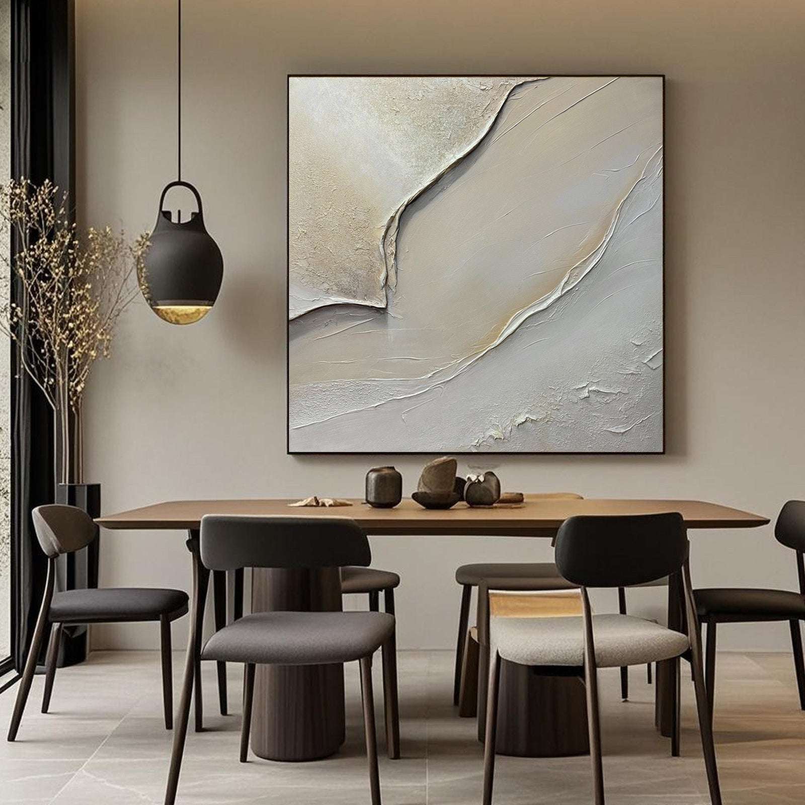 Lumi Gallery's 3D textured minimalist gold wall art 'Golden Hush' in contemporary dining space
