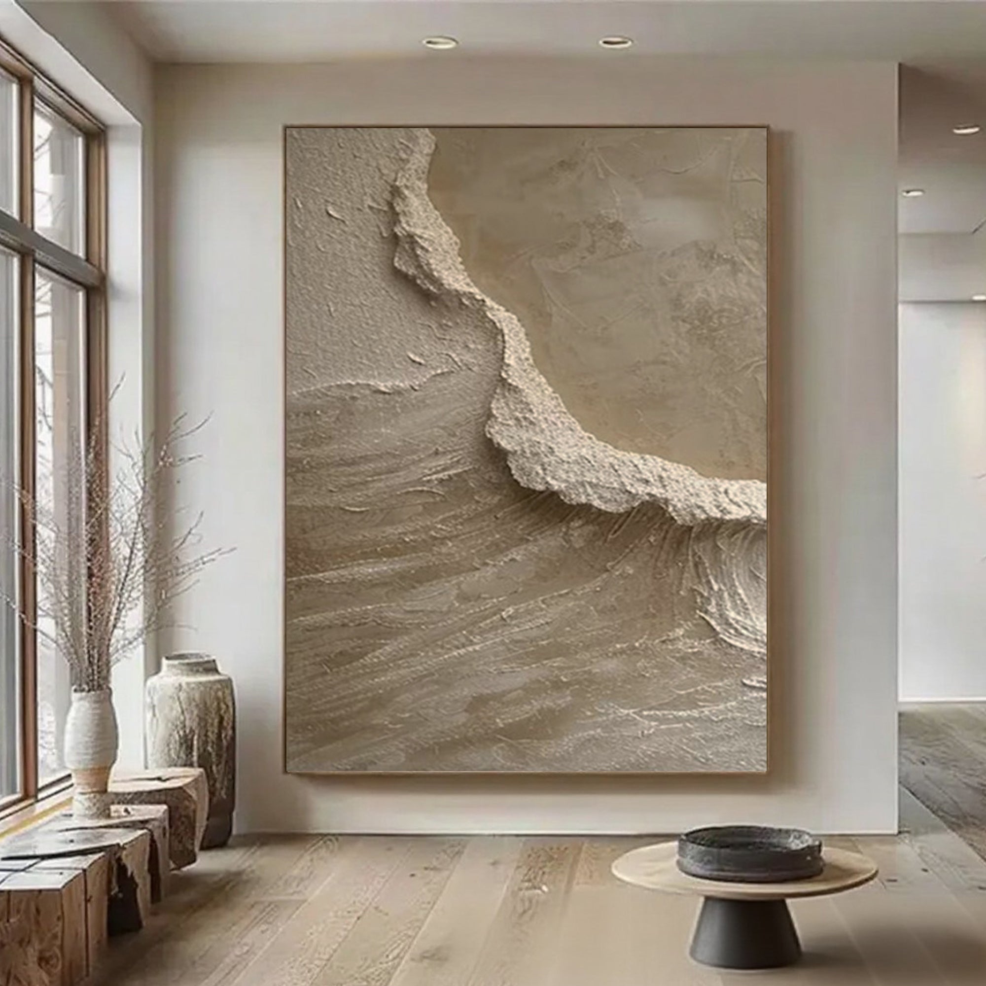 3D Textured Minimalist Beige Coastal Painting - Tideline