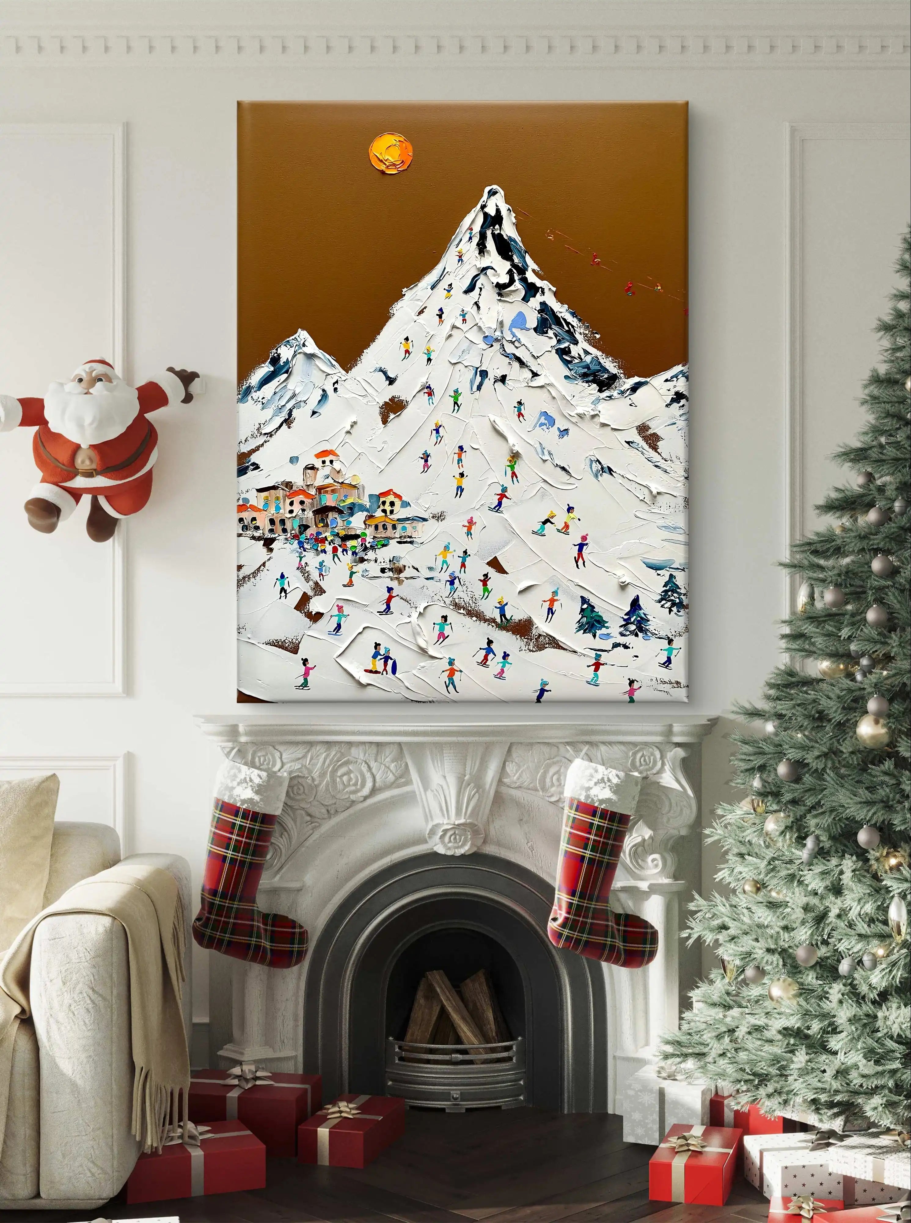 Hand-painted textured wall art depicting a vibrant ski resort scene with a snowy mountain, colorful skiers, and a golden sun.