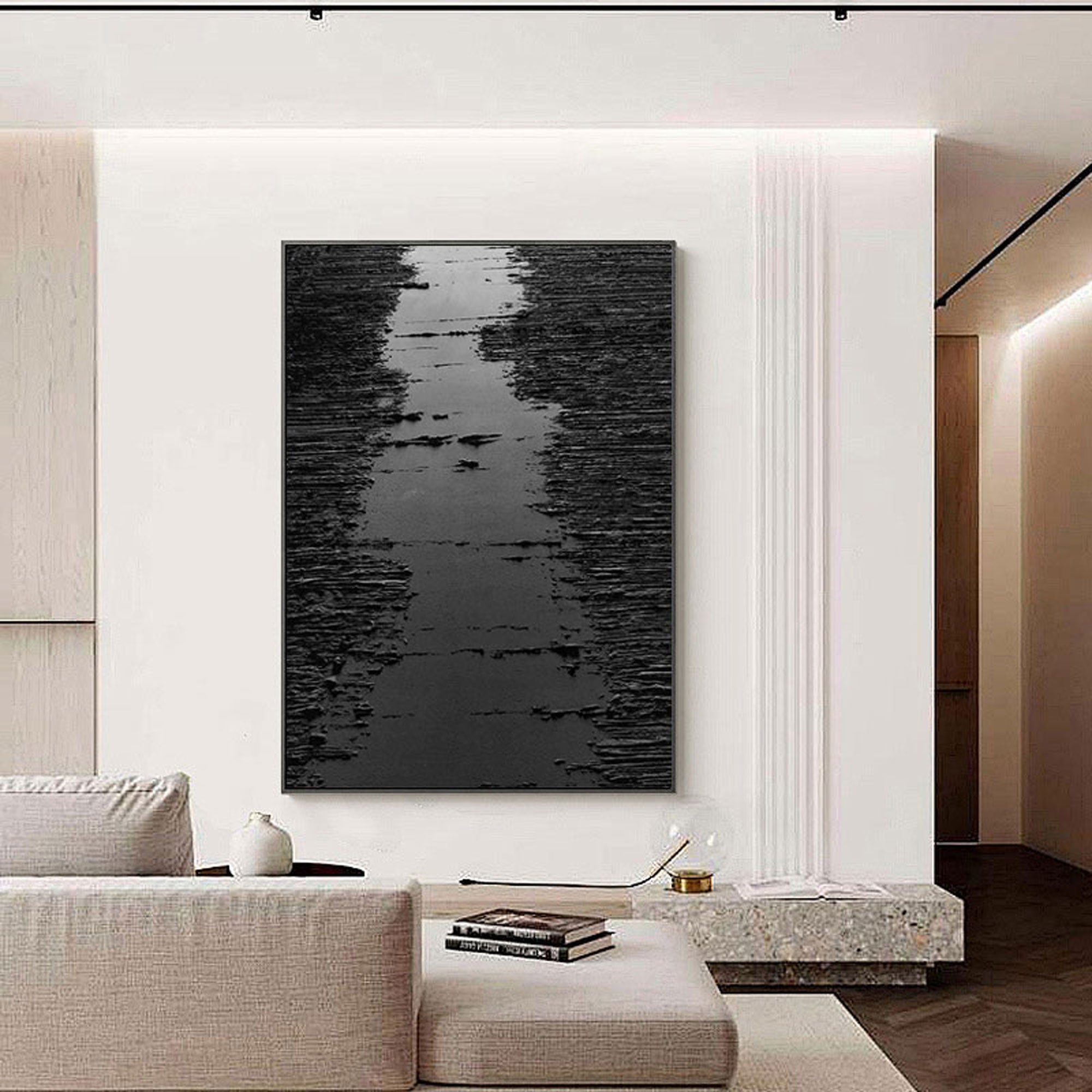 Hand-painted black abstract painting showcasing raw, layered textures, ideal for modern or industrial home decor.