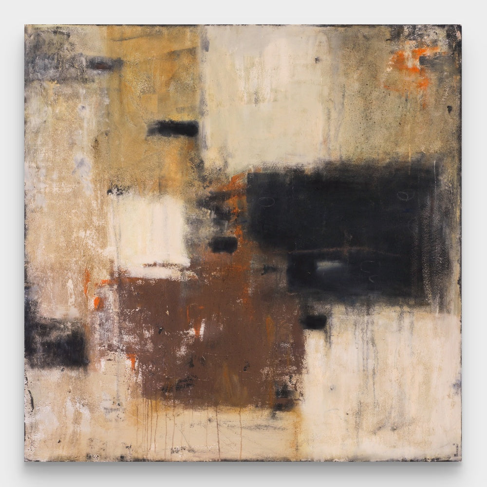 A square minimalist Wabi-Sabi painting in warm browns, beiges, and black, hand-painted with organic brushstrokes that highlight the beauty of natural imperfections. Ideal for modern or Japandi-inspired interiors seeking a subtle, rustic focal point.