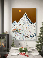 Hand-painted textured wall art depicting a vibrant ski resort scene with a snowy mountain, colorful skiers, and a golden sun.
