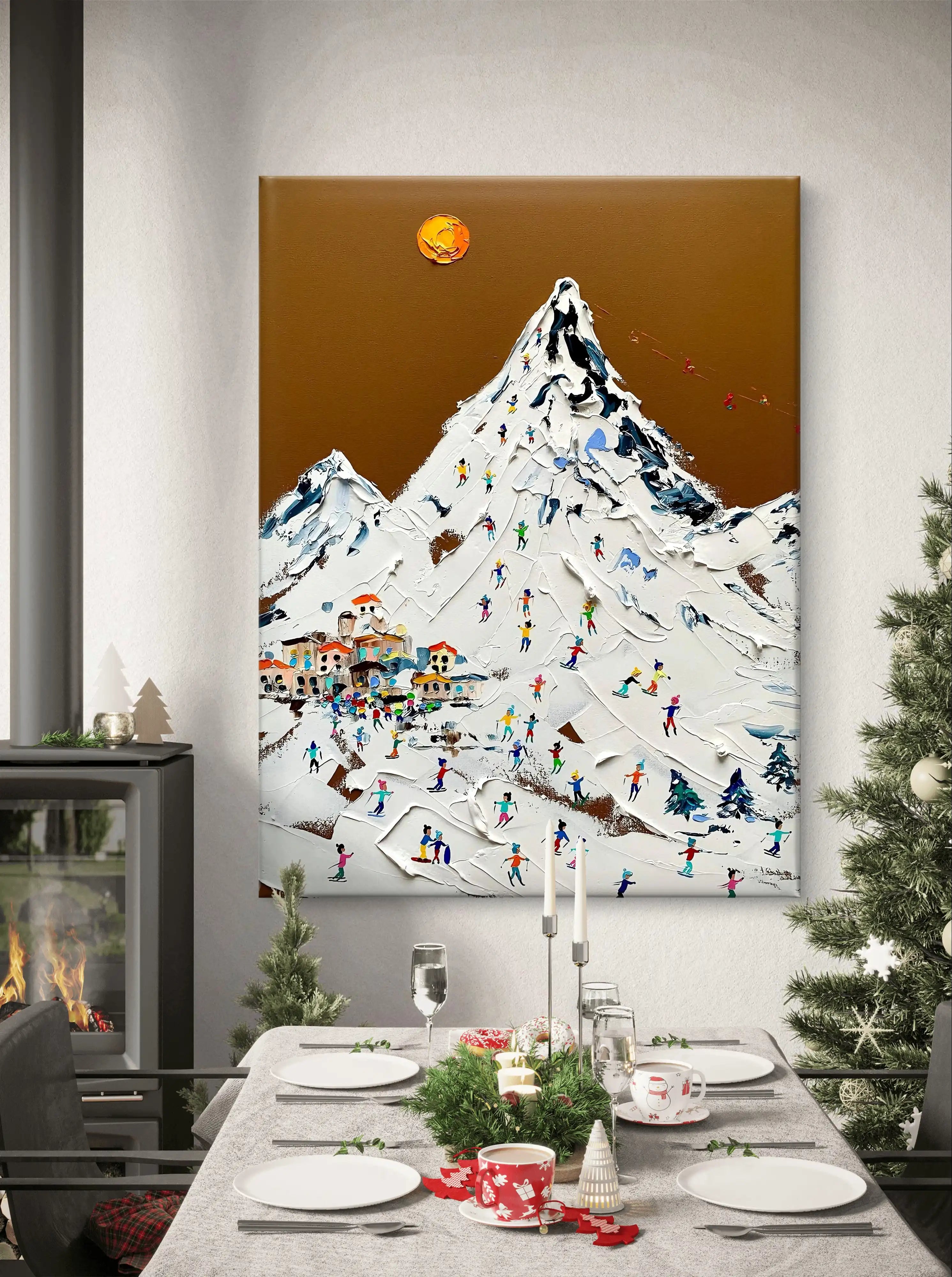 Hand-painted textured wall art depicting a vibrant ski resort scene with a snowy mountain, colorful skiers, and a golden sun.