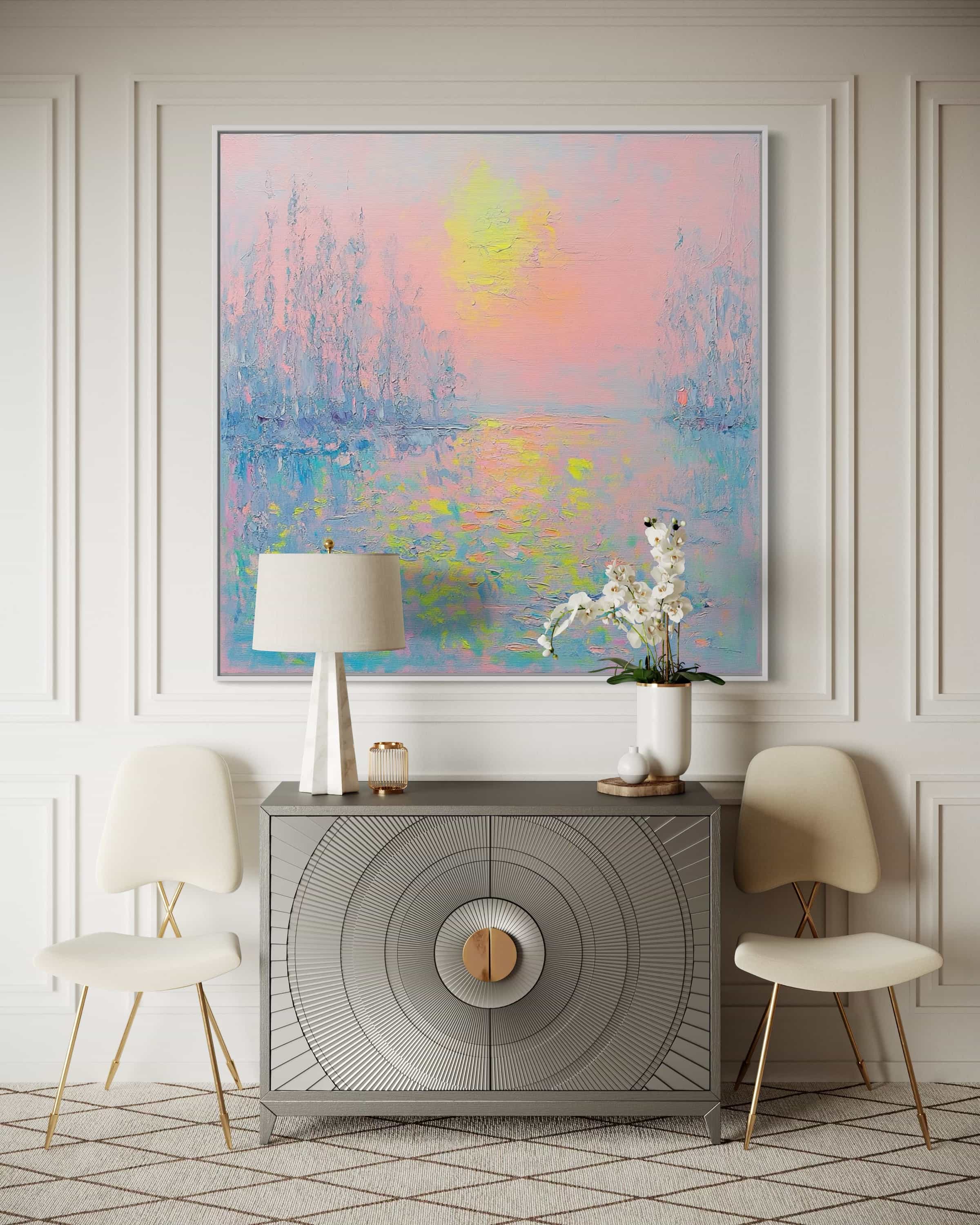 Impressionistic nature-inspired canvas painting in serene pink and blue tones for bedrooms and offices.
