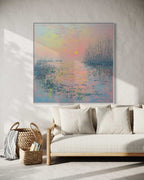 Pastel nature canvas art with pink and blue hues, showcasing a hand-painted impressionistic sunset scene. Ideal for living rooms and bedrooms.