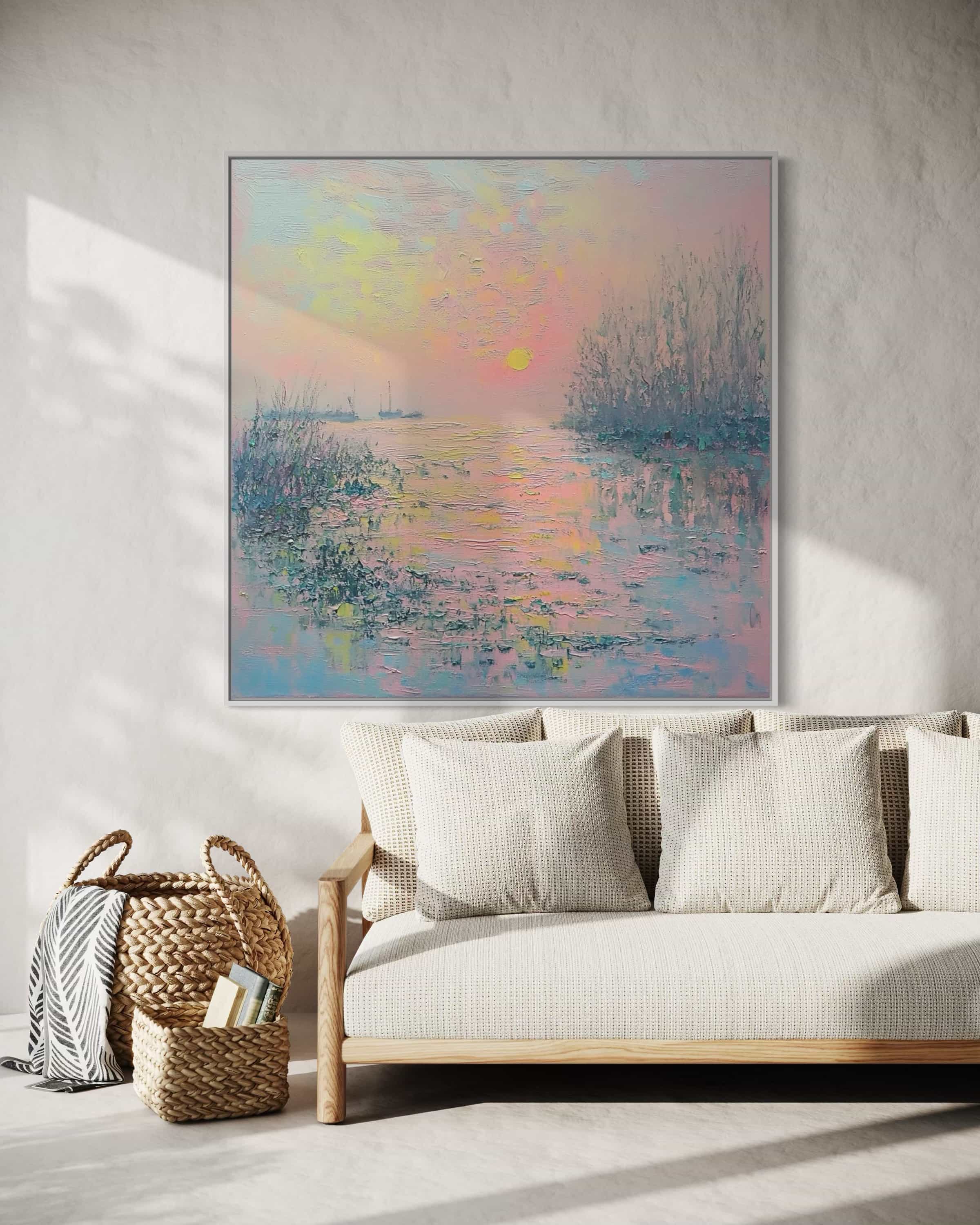 Pastel nature canvas art with pink and blue hues, showcasing a hand-painted impressionistic sunset scene. Ideal for living rooms and bedrooms.