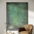 Vertical Mid-century abstract green painting on square-edge canvas