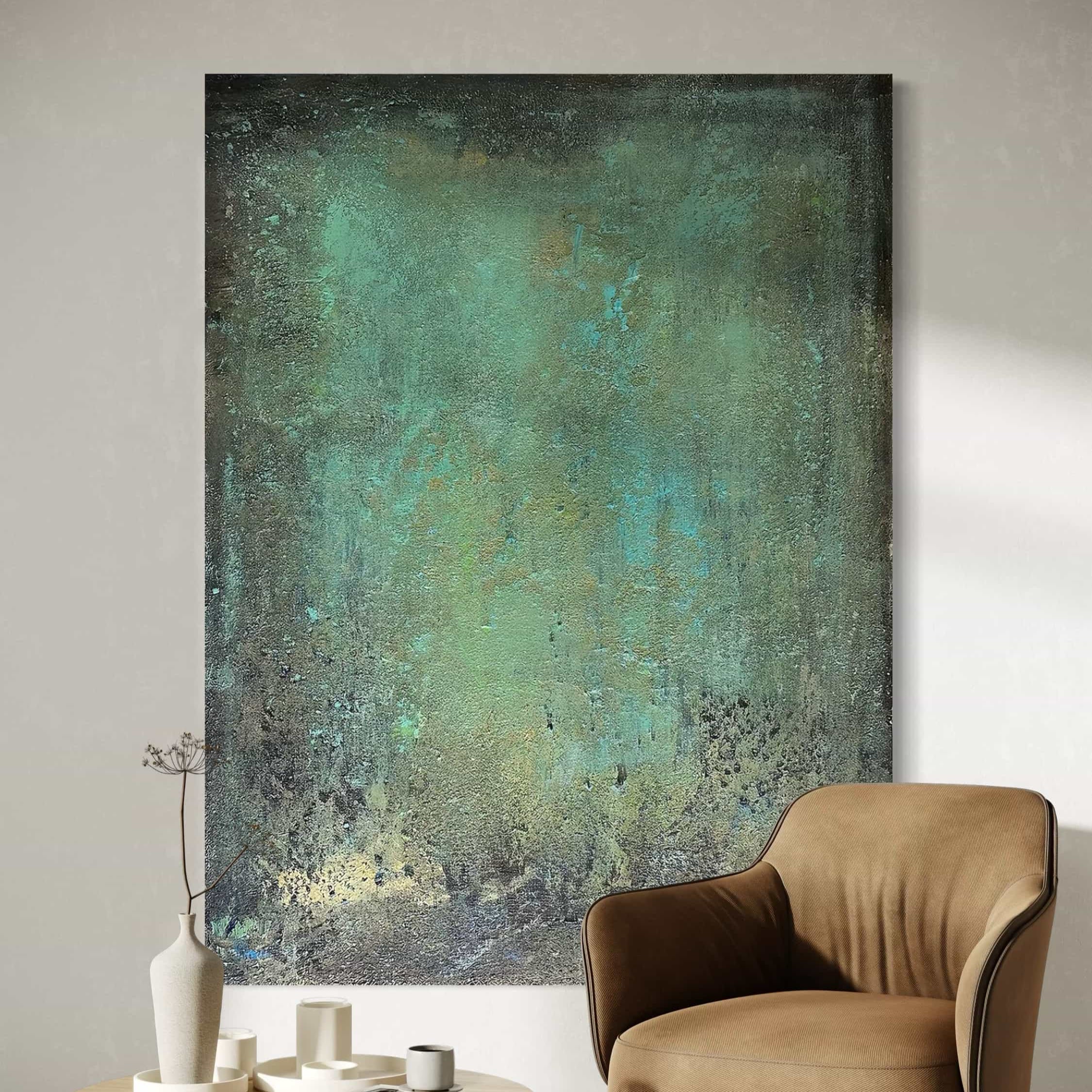 Vertical Mid-century abstract green painting on square-edge canvas