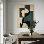 Geometric wall art decor in green and beige with textured brushstrokes and bold lines.