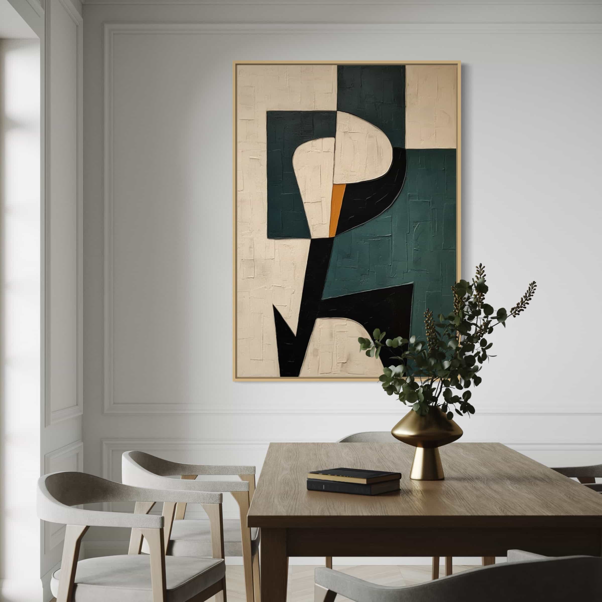 Geometric wall art decor in green and beige with textured brushstrokes and bold lines.