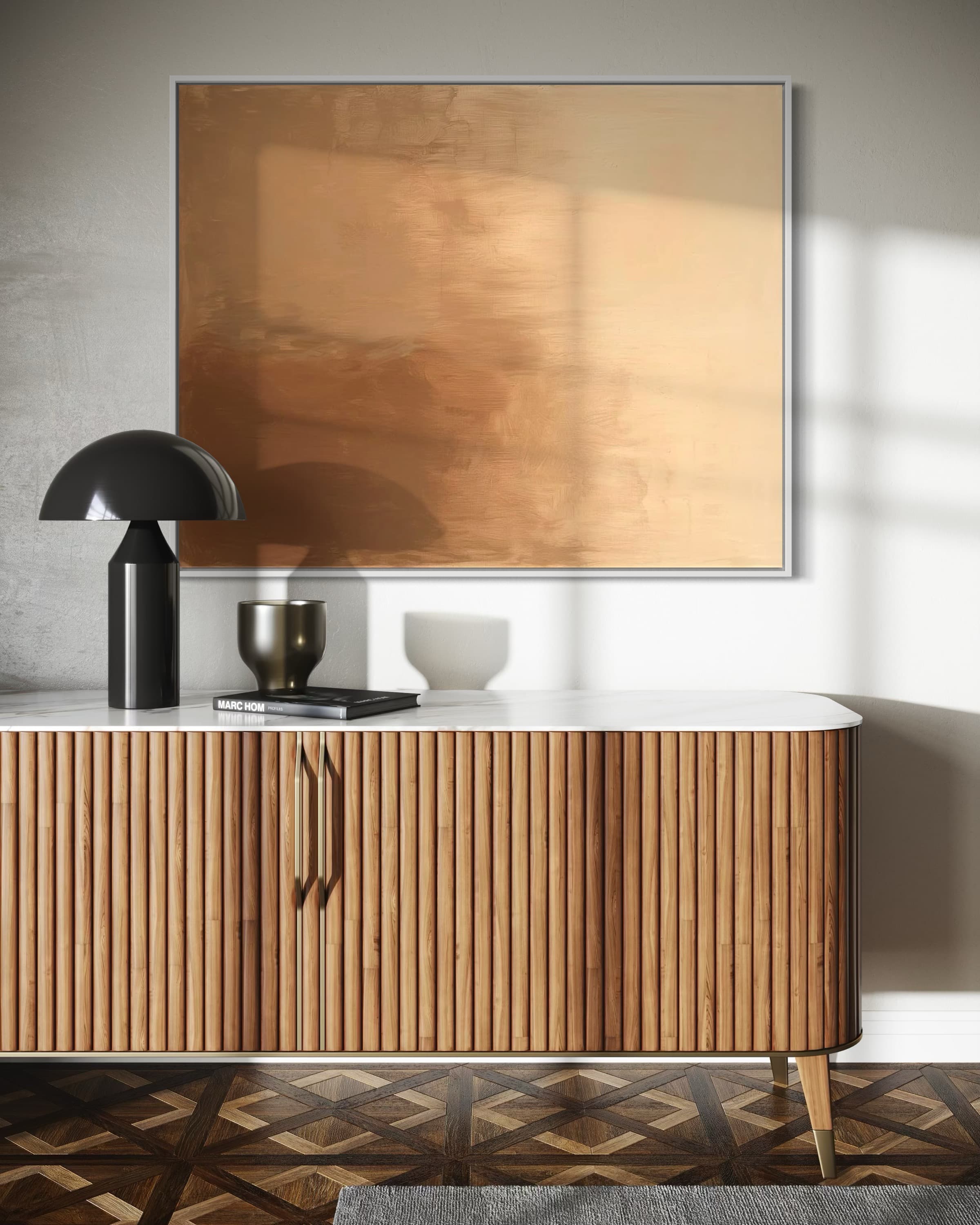Minimalist gold abstract canvas wall art with smooth texture and reflective golden hues.