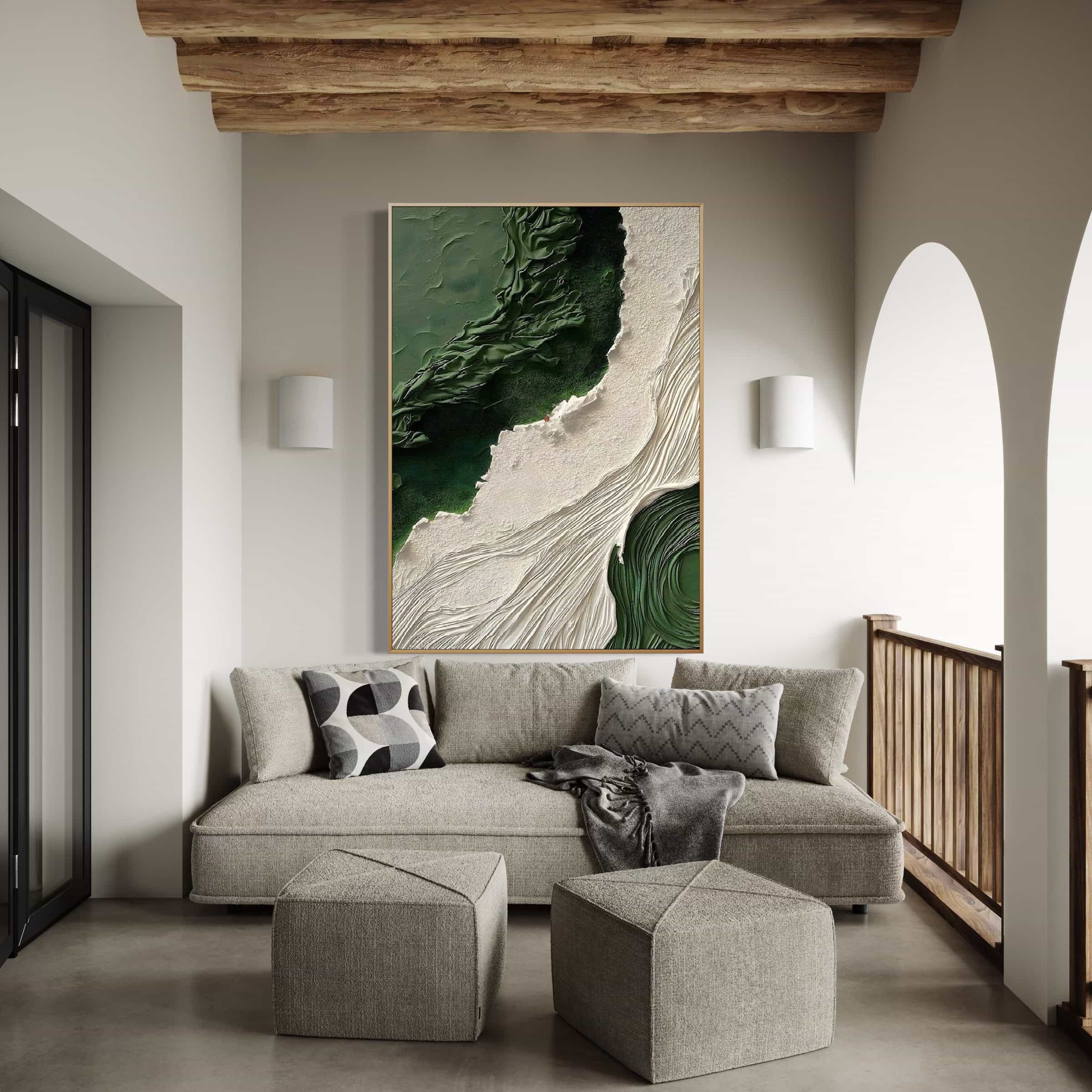 Hand-painted textured canvas art, featuring calming green hues and beige detailing.