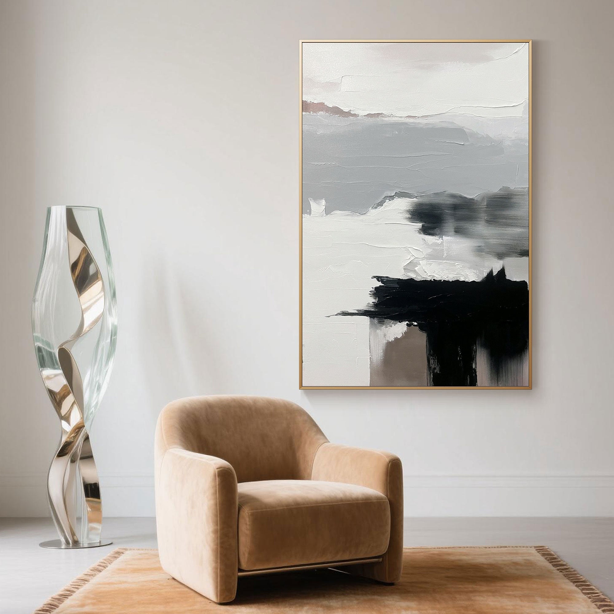 Large Abstract Wall Art in black and white showcased in a minimalist sitting area with curved lighting and a warm-toned rug