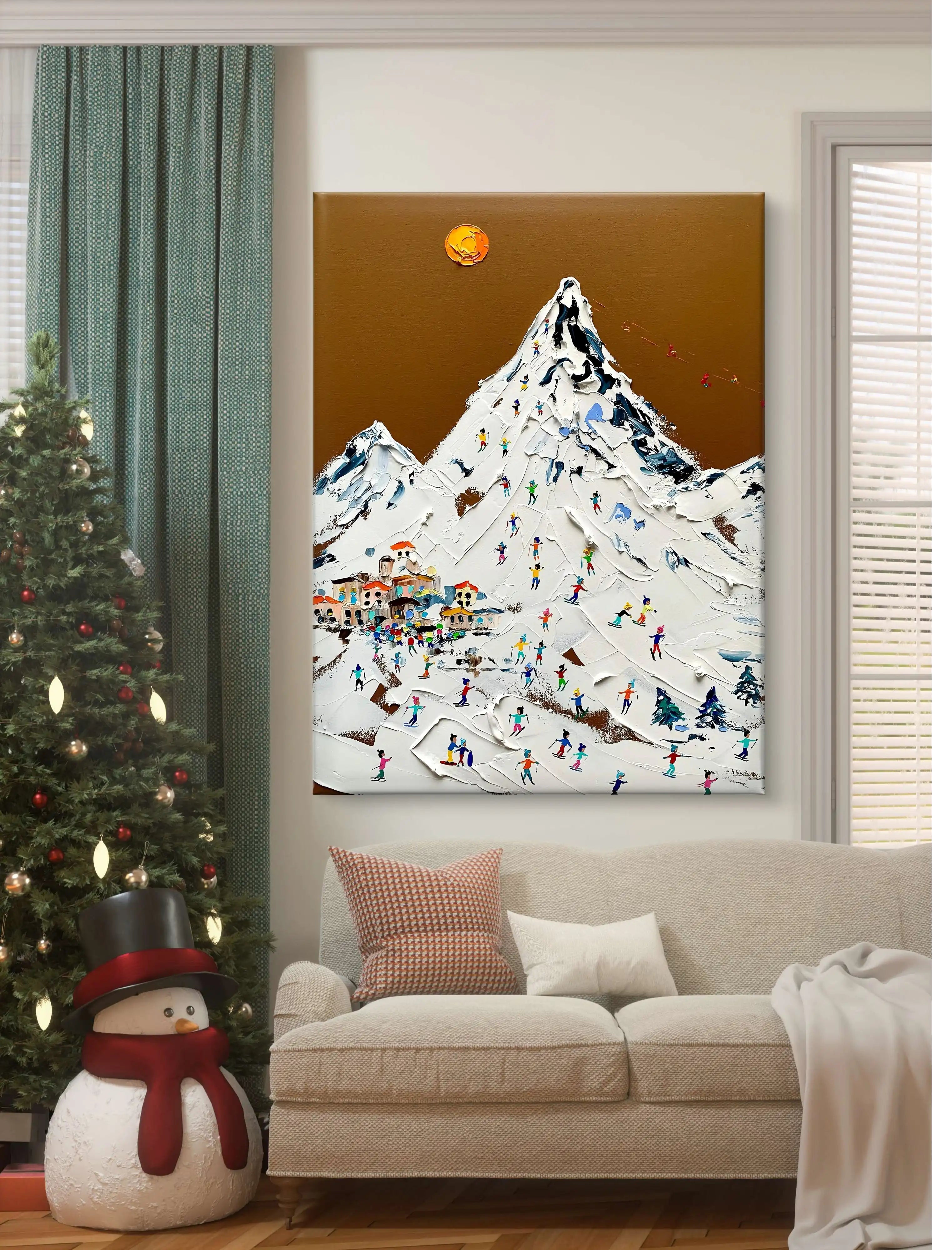 Hand-painted textured wall art depicting a vibrant ski resort scene with a snowy mountain, colorful skiers, and a golden sun.